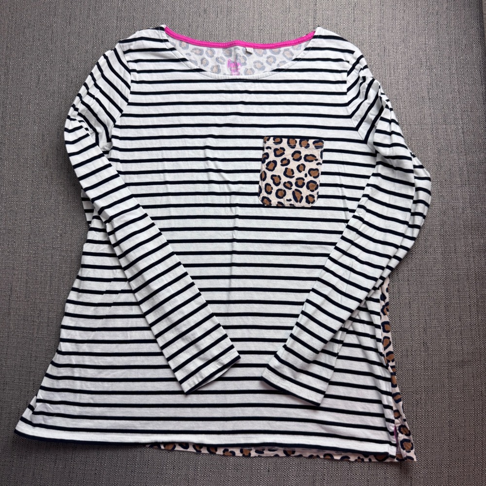 Boden Womens 16 Long Sleeve Striped Leopard Print Mixed Media Cotton Top